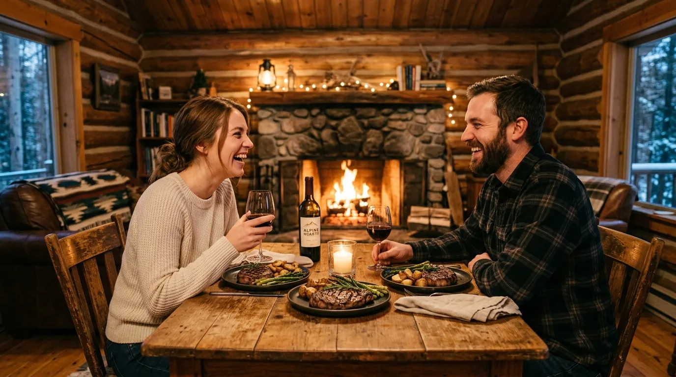 Ryan and Emily laughing together over a steak dinner in a cozy cabin