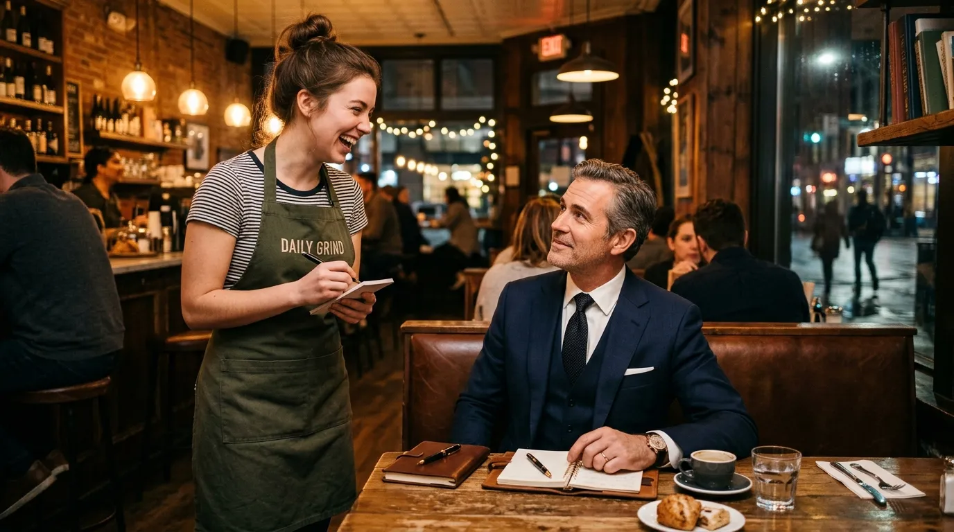A wealthy man looking thoughtfully at a smiling waitress in a warm cafe