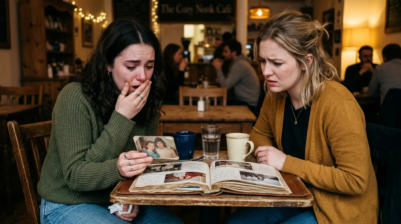 Two young women sitting in a café looking at an open photo album.