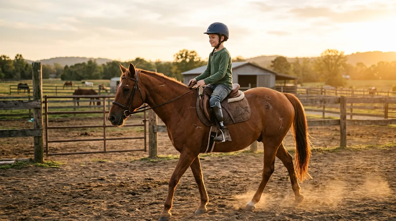 Young boy with a prosthetic leg confidently riding a chestnut horse in an arena