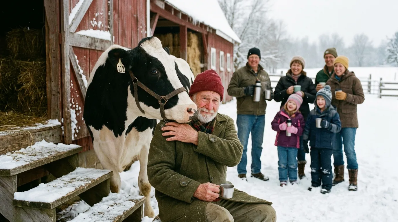 An emotional farmer sitting on a barn step while a cow nudges his shoulder, neighbors smiling in the background.