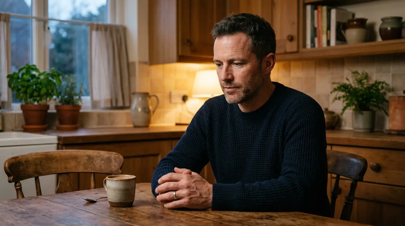 A calm, stoic man with dark hair sitting quietly at a kitchen table