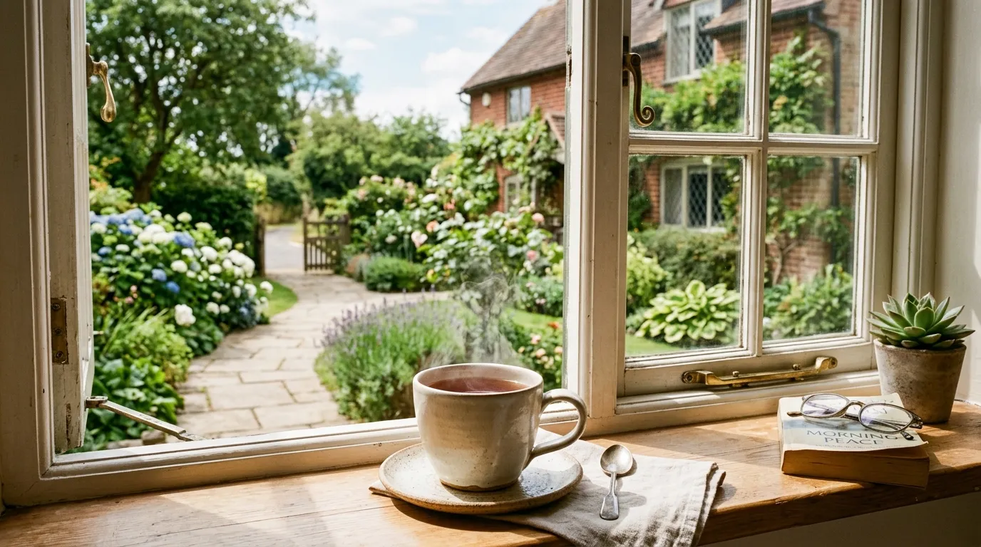 A steaming cup of tea on a sunny windowsill