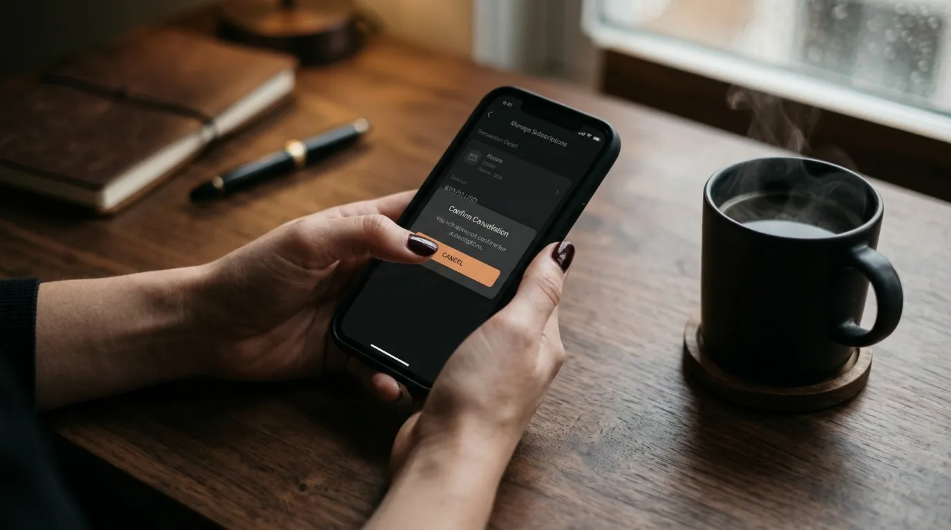Close up of a woman's hands on a smartphone, systematically tapping 'cancel' on various banking and payment apps.