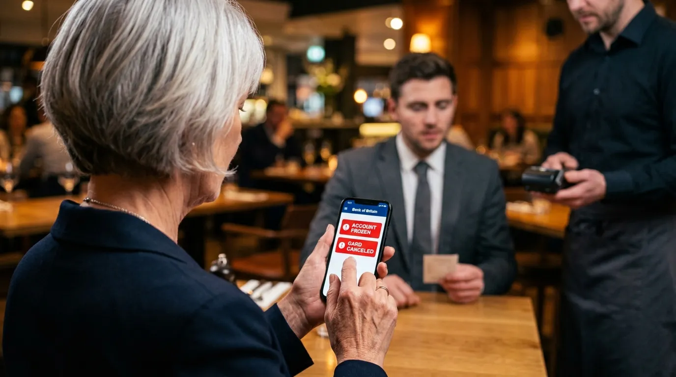 An older woman tapping a smartphone screen with an out-of-focus panicked man in the background.
