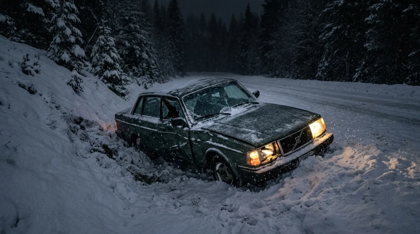 A crashed car trapped in a snowy ditch during a dark winter blizzard