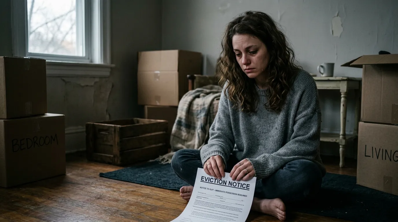 A young woman sitting in a dimly lit apartment, looking sadly at an eviction notice.