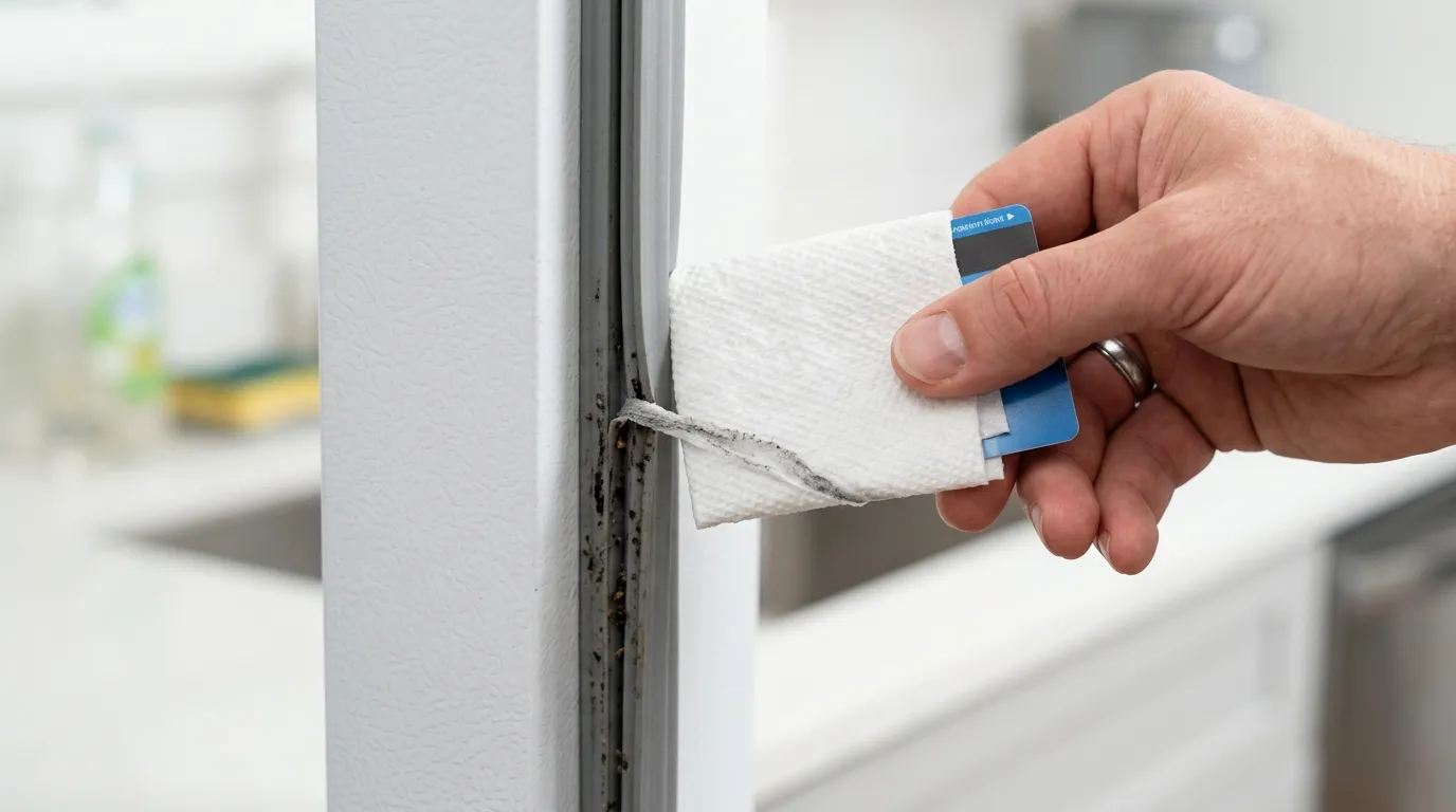 A hand using a plastic card wrapped in a paper towel to clean inside a fridge gasket
