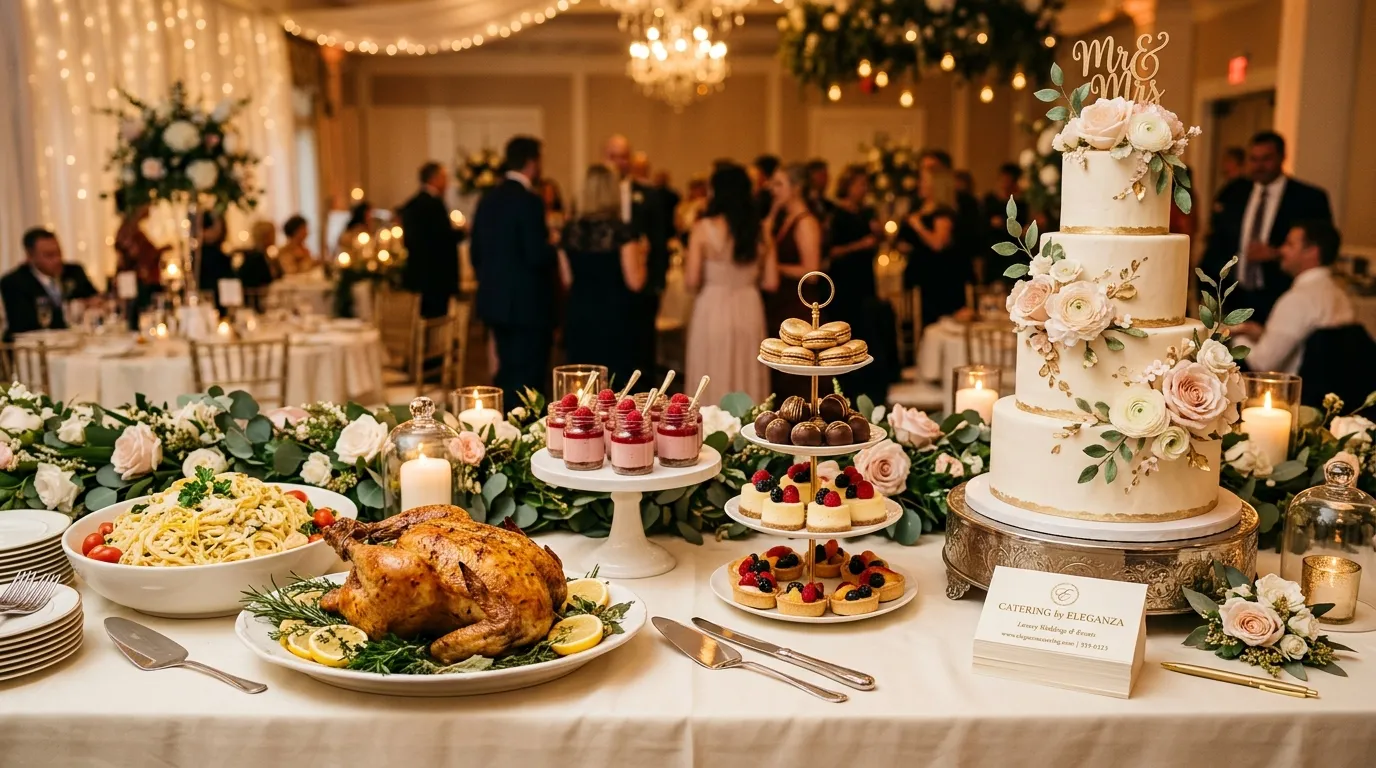 Elegant wedding food display with a stack of catering business cards