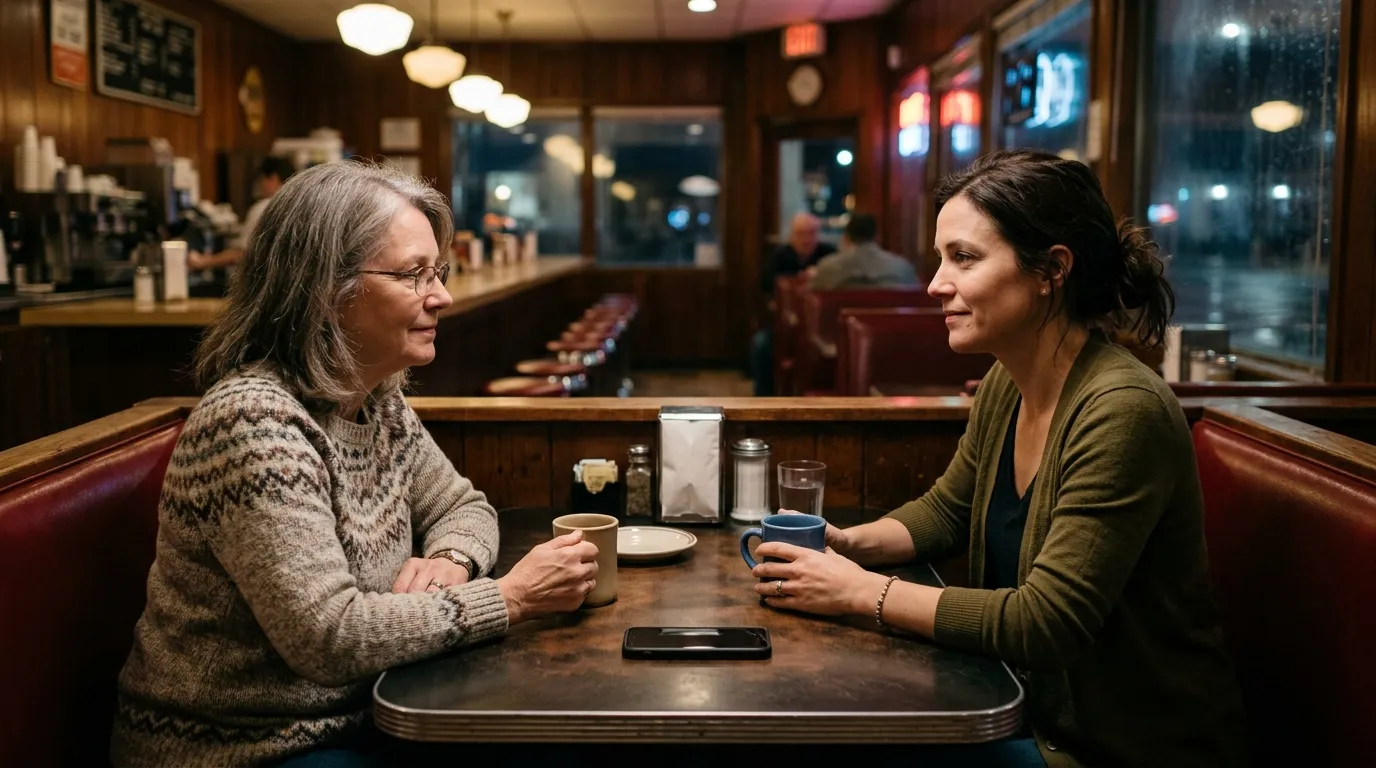 A mother and daughter sitting across from each other in a diner booth with a phone on the table