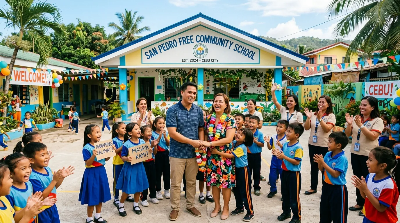 A freshly painted school building in Cebu with smiling teachers and laughing children