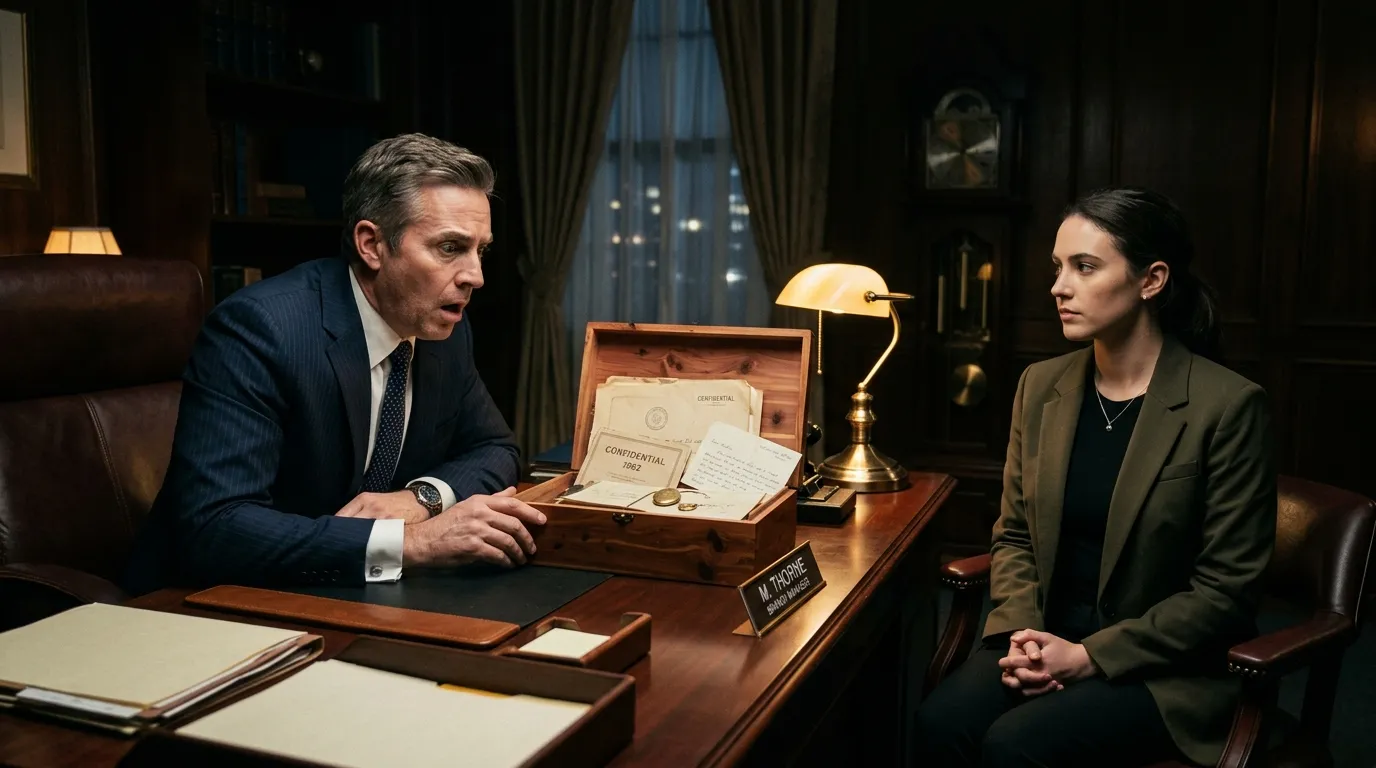 A shocked bank manager in a suit looking at a wooden cedar box on his desk, with a young woman sitting across from him.