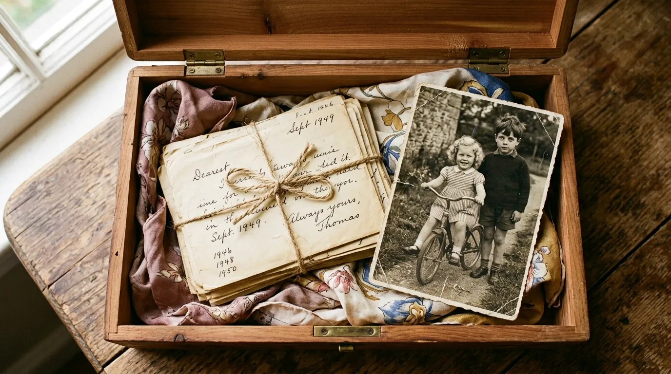 An open vintage cedar box containing old, faded letters and a photograph of a little girl on a red bicycle next to a boy with dark hair and mismatched eyes.