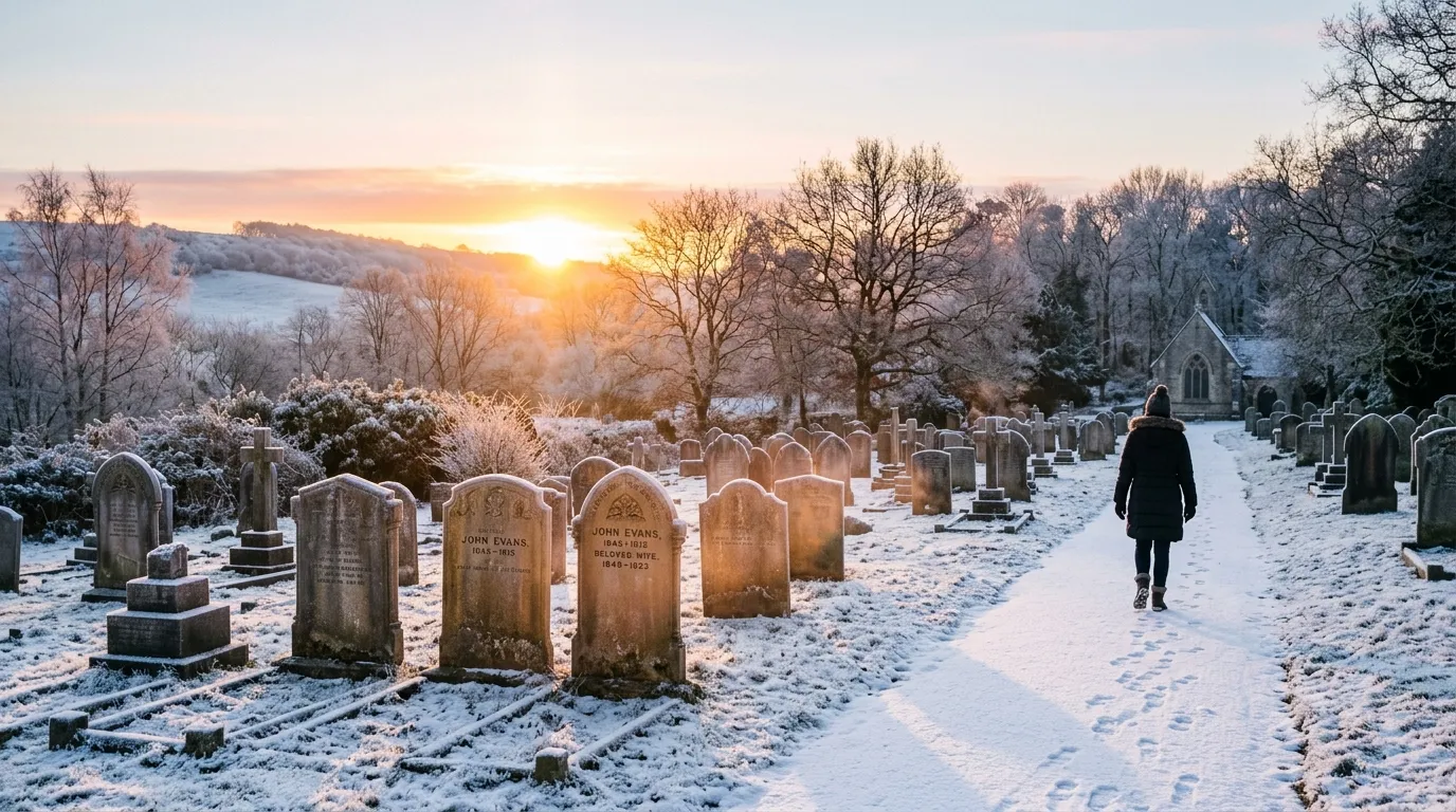 A serene, cold January sunrise at a peaceful cemetery, with warm golden light touching gravestones