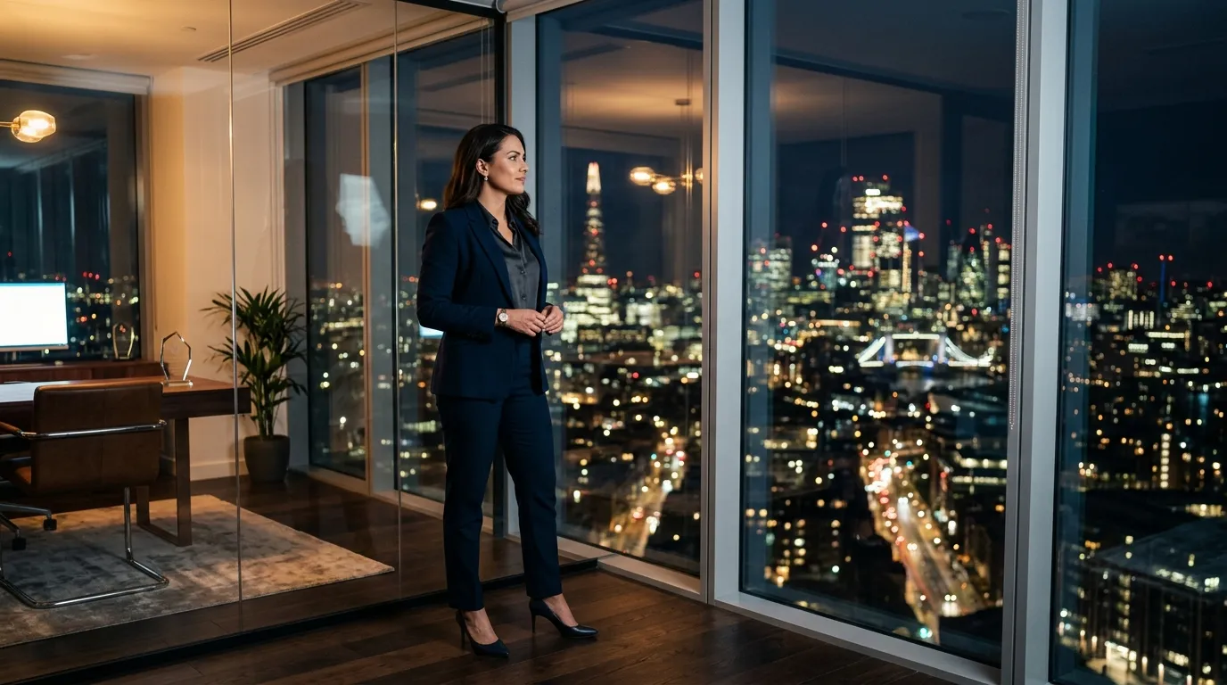 Businesswoman looking out at the city skyline from a high-rise office.
