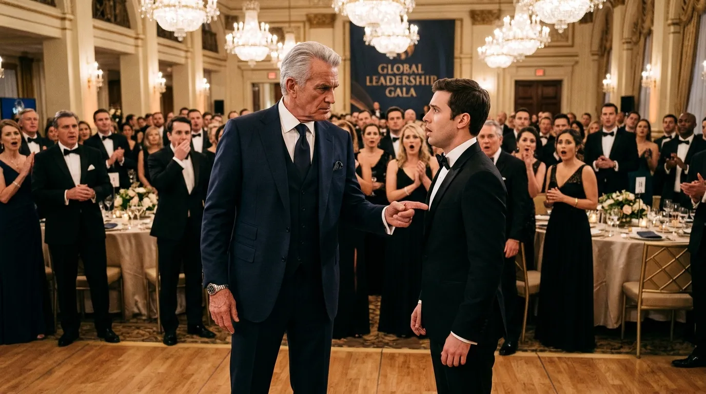 Corporate chairman interrupting the security guards at a fancy gala.
