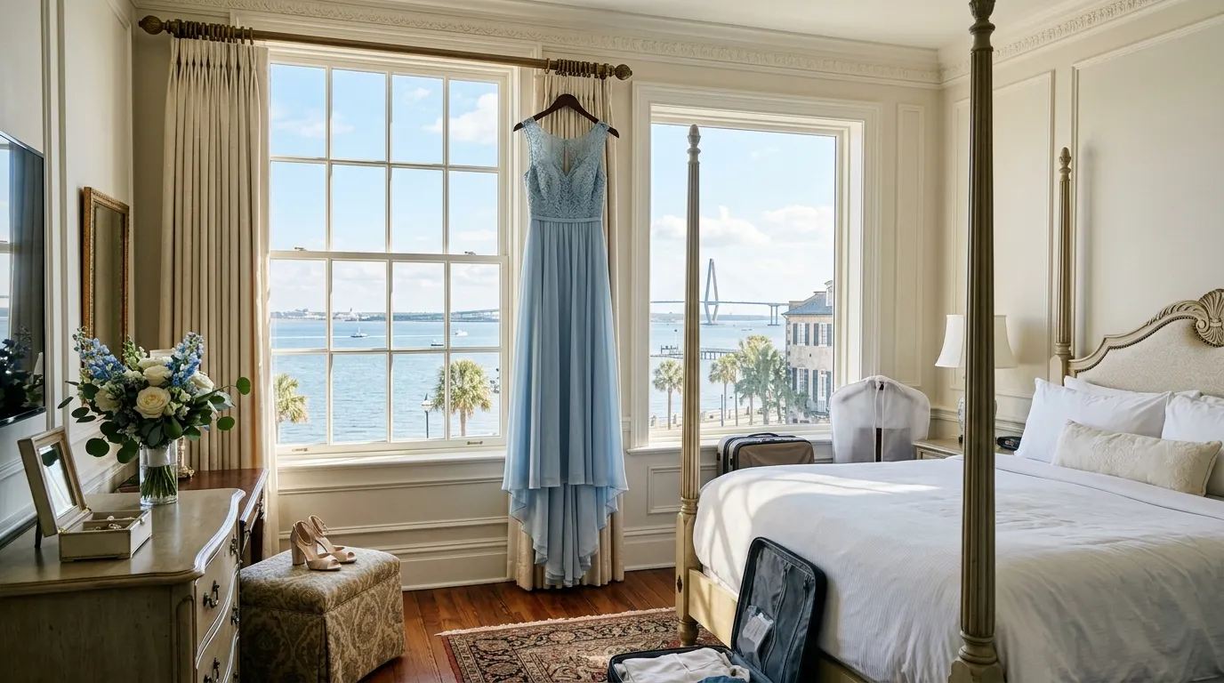A bright hotel room in Charleston with a bridesmaid dress hanging near the window, contrasting with a feeling of dread.