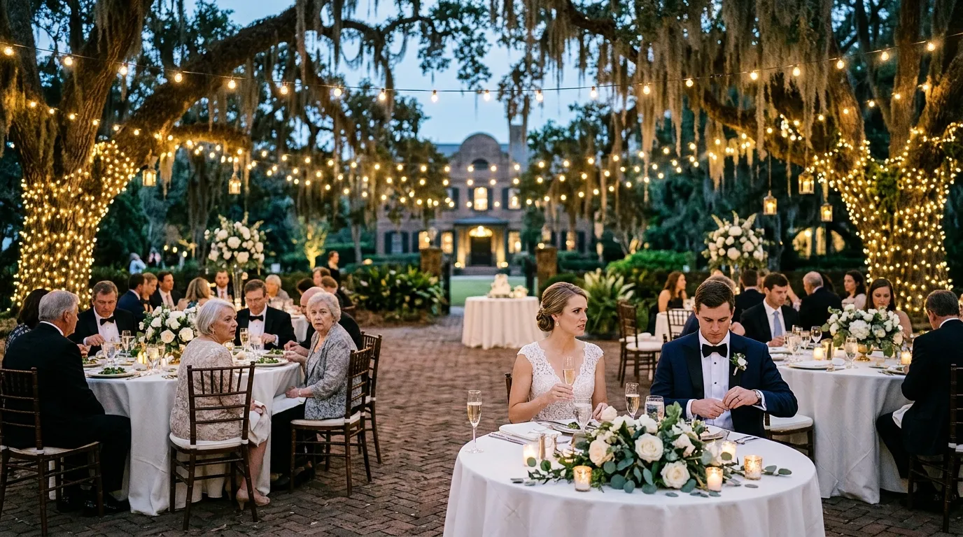 Elegant outdoor wedding reception in Charleston under oak trees