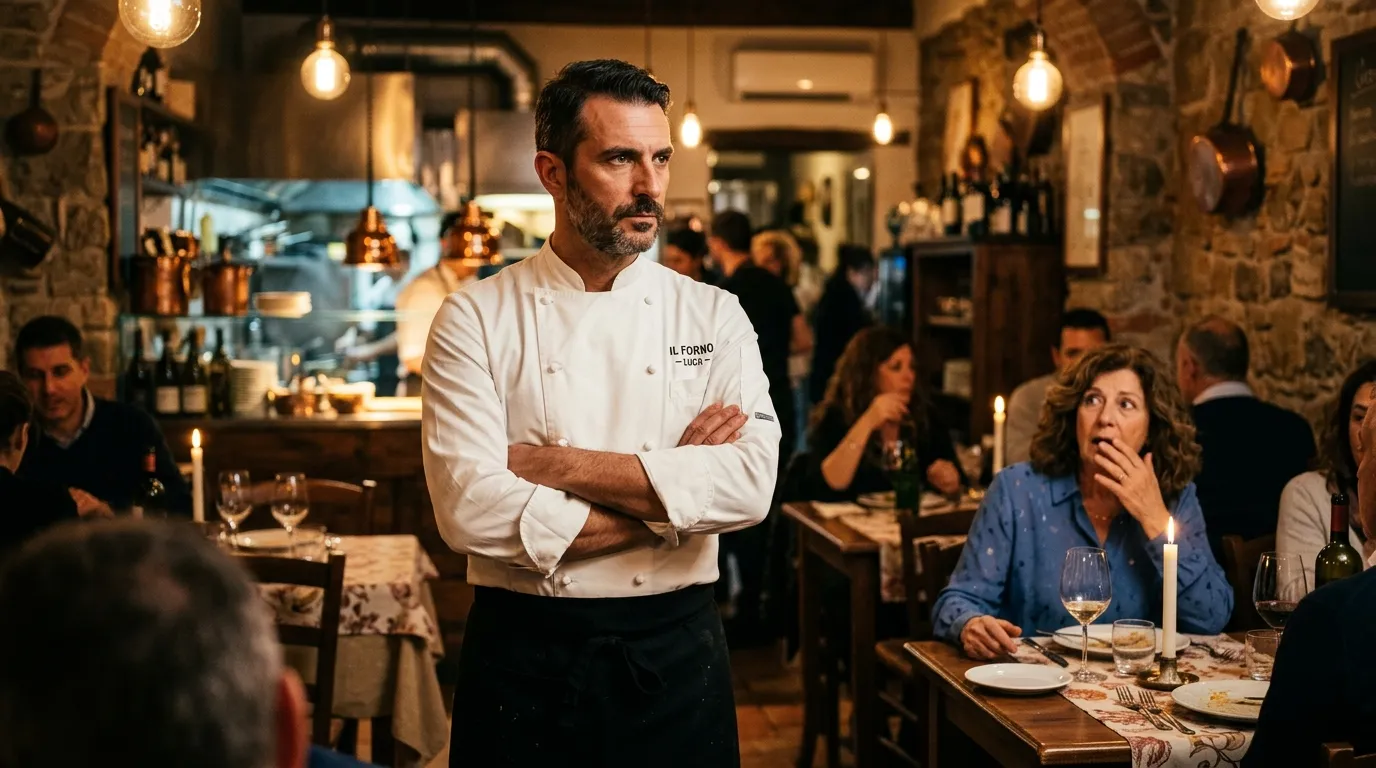 The head chef stepping into the dining room
