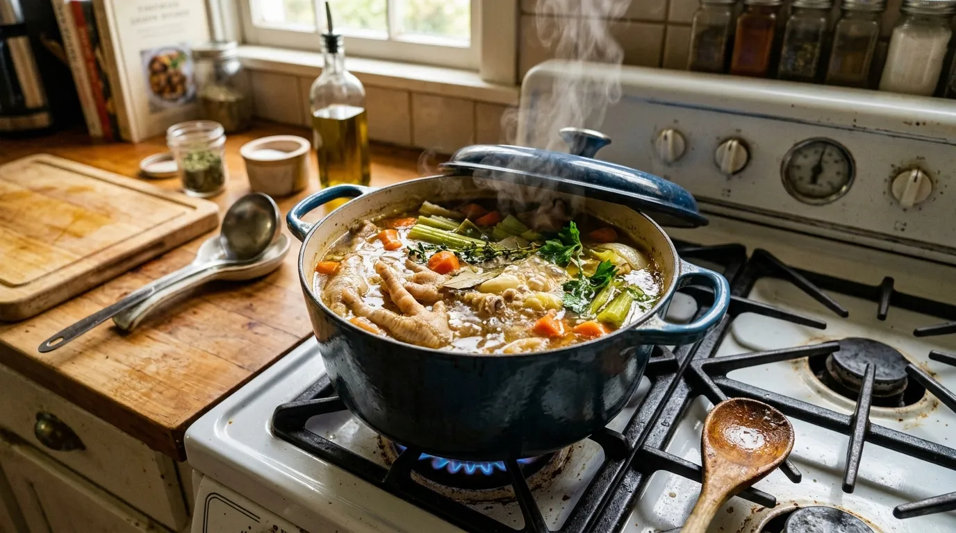 A steaming pot of homemade broth simmering with chicken feet