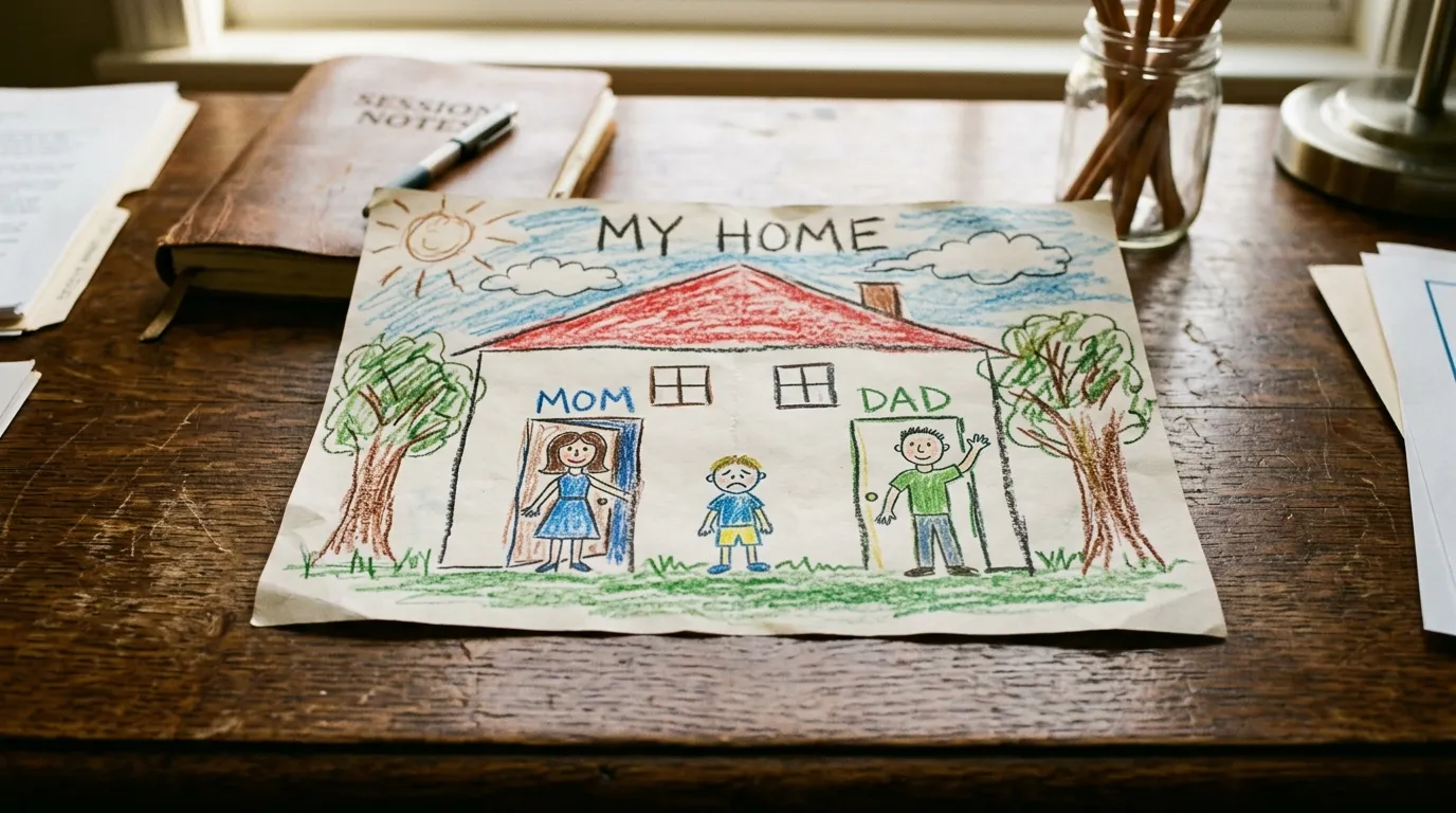 A crayon drawing of a house with two front doors and a lonely child standing in the middle