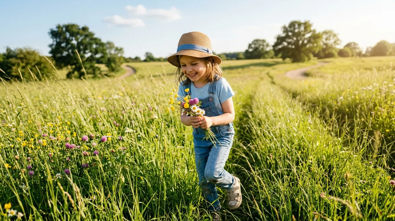 Young girl playing happily in tall grassy field during summer