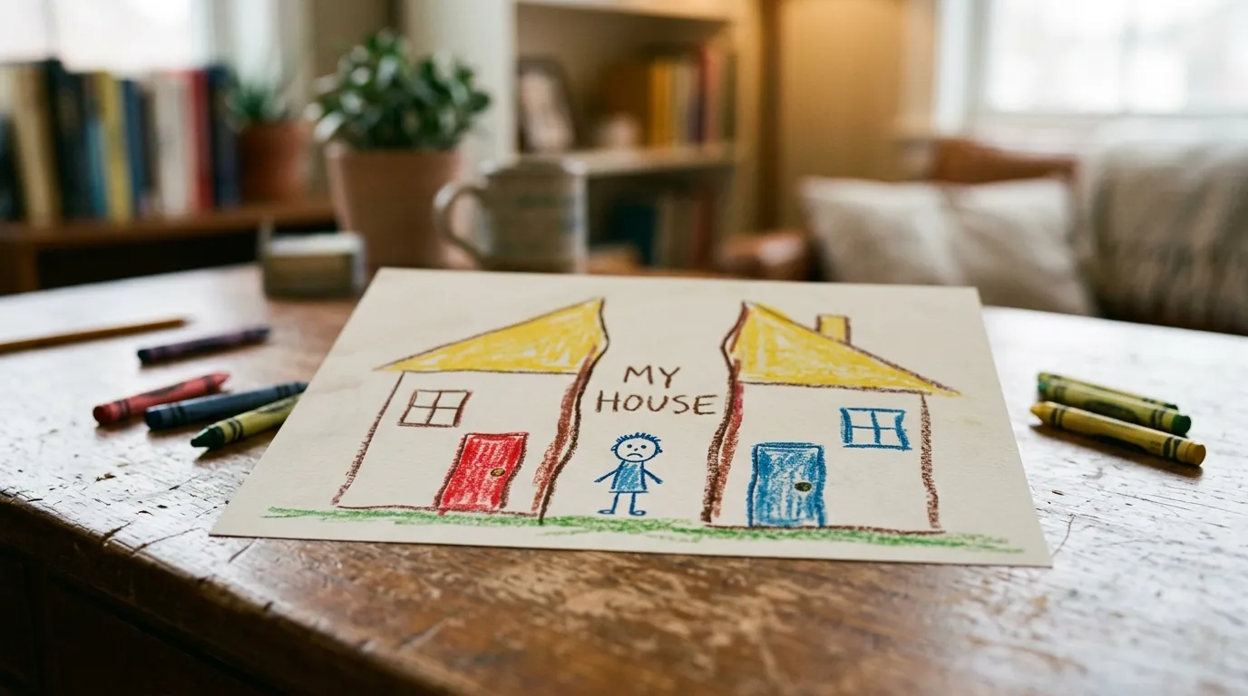 A crayon drawing of a house split in half with two separate front doors and a child in the middle.