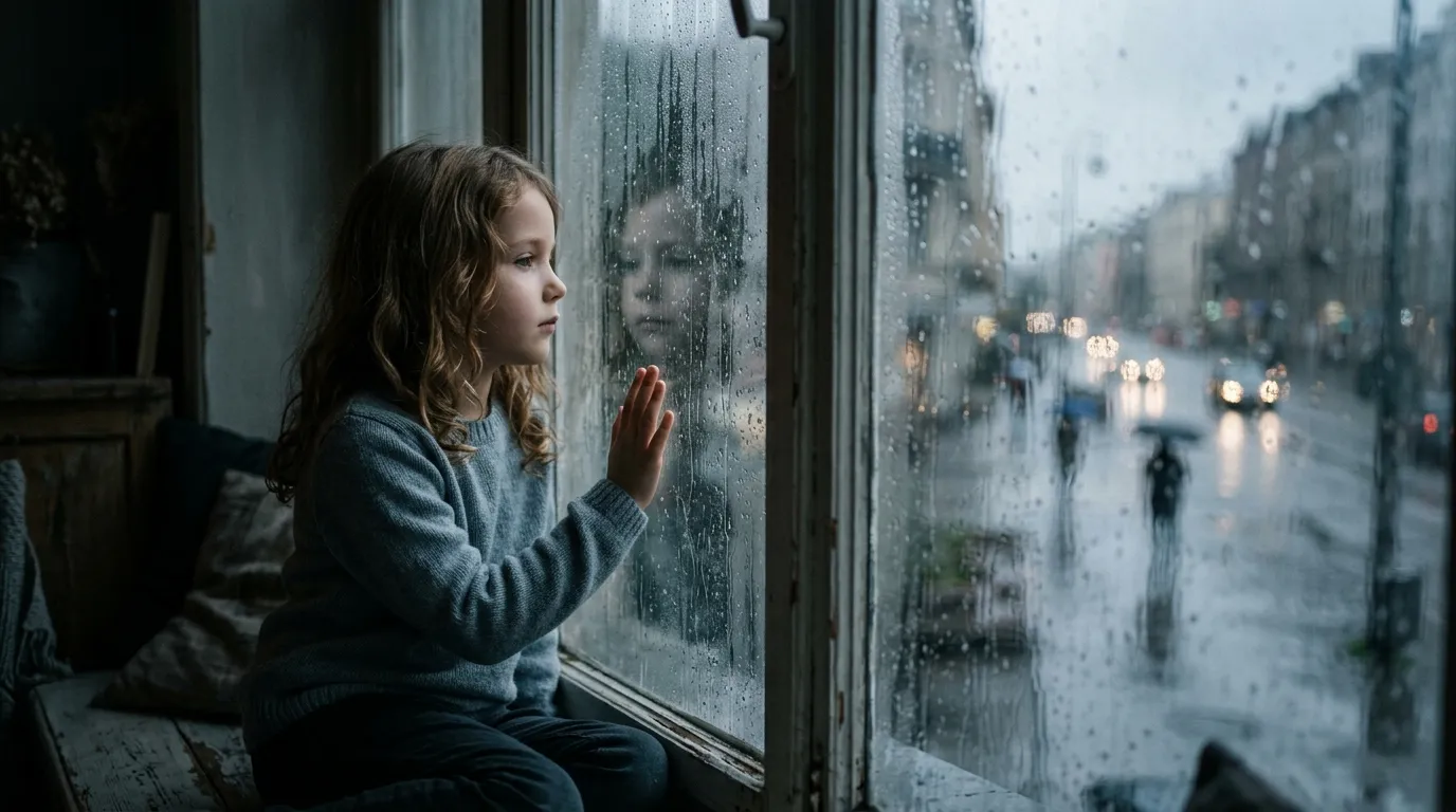 A young girl looking out a rain-streaked window, symbolizing childhood longing.