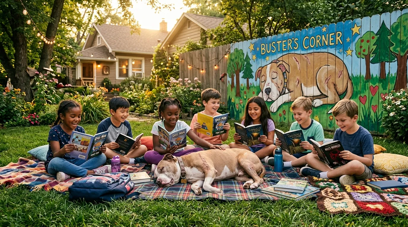 Children sitting in a yard reading while a large scarred dog sleeps peacefully among them.