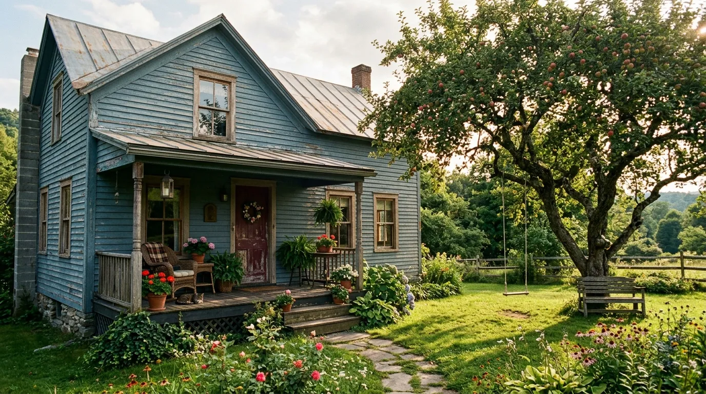 A weathered house with chipped blue siding and a wooden porch