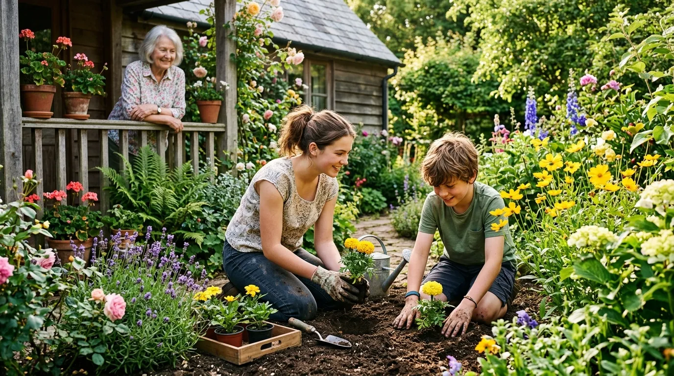 Sixteen-year-old Chloe and twelve-year-old Leo planting bright yellow flowers in their grandmother's sunny backyard garden.
