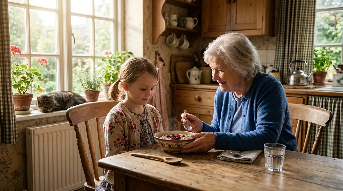 Eleanor sitting with little Chloe at a sunlit kitchen table, helping her feel safe and comfortable with food.