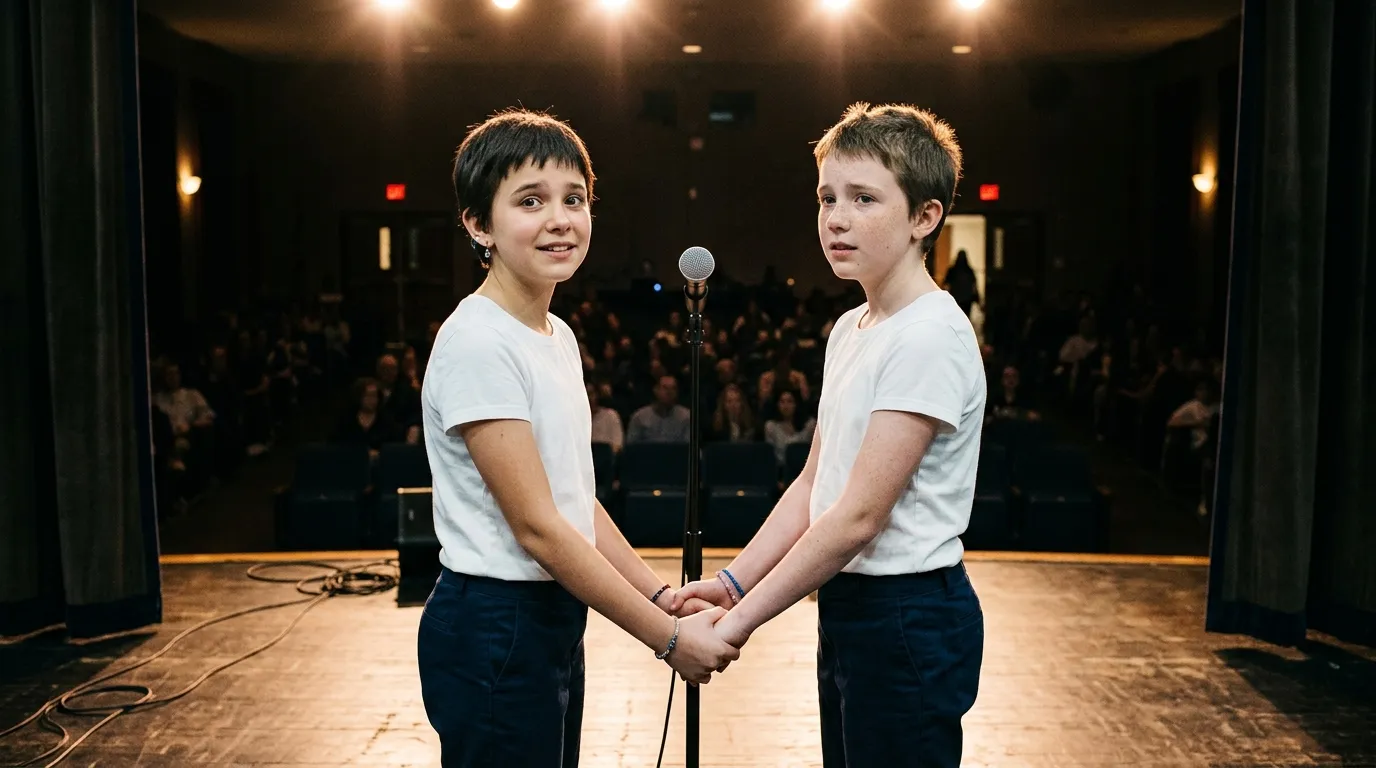 Two young girls with short pixie haircuts holding hands tightly on a stage during a choir concert