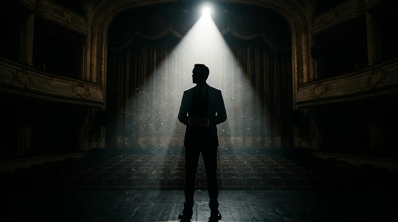 A silhouette of a leading man standing in a dramatic theater spotlight