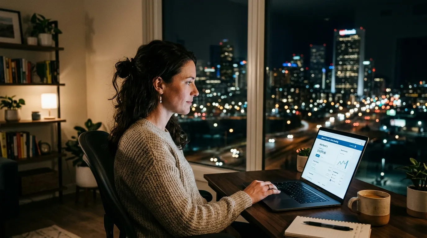 A woman sitting at her laptop in a dark apartment looking at her banking application
