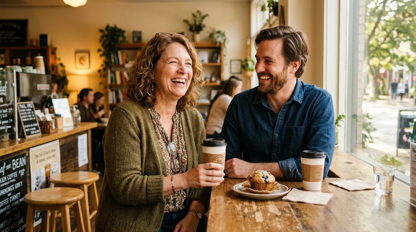 A man and woman laughing on a simple coffee date