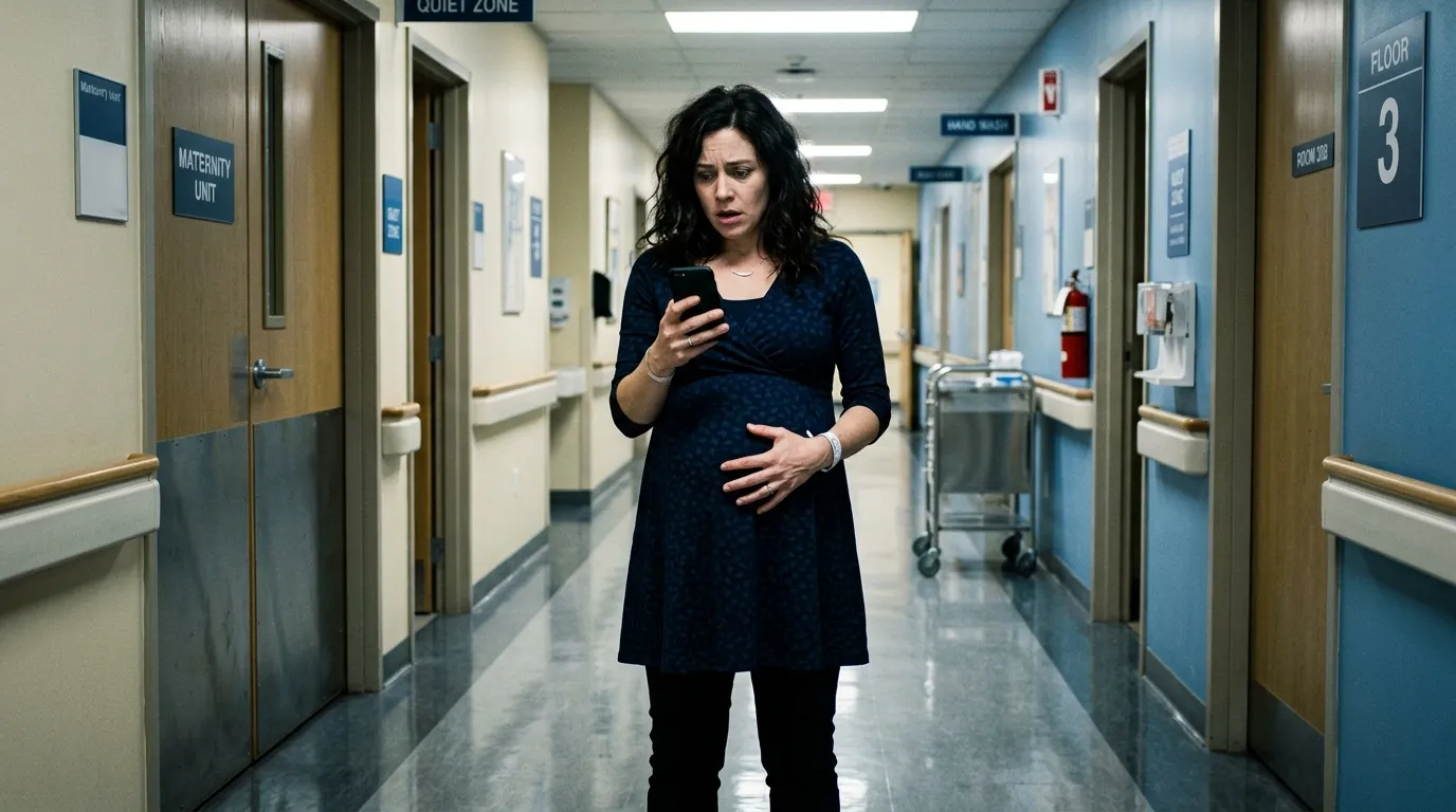 Pregnant woman standing alone in a hospital corridor looking at her phone