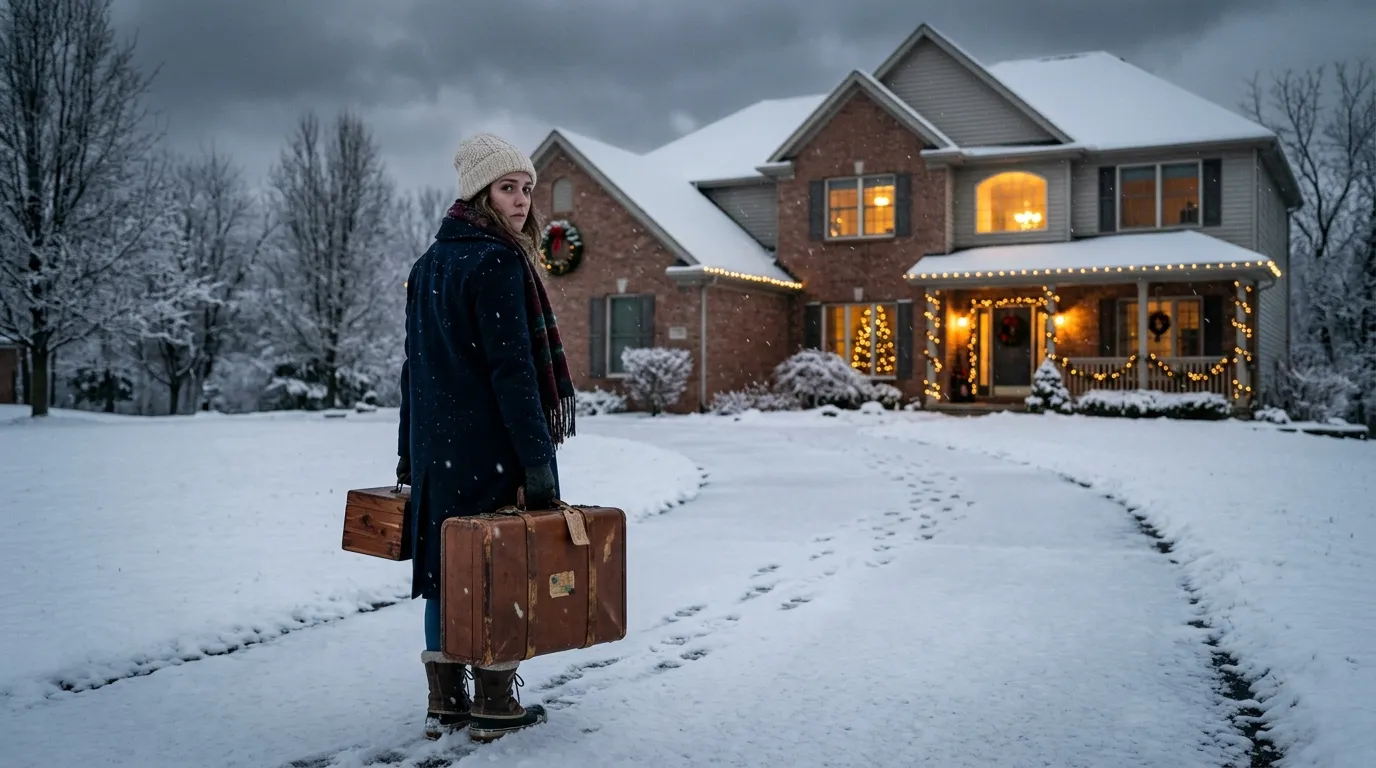 A young woman standing in the snowy driveway with a suitcase and a small wooden box, looking back at a large, warm, brightly lit house.