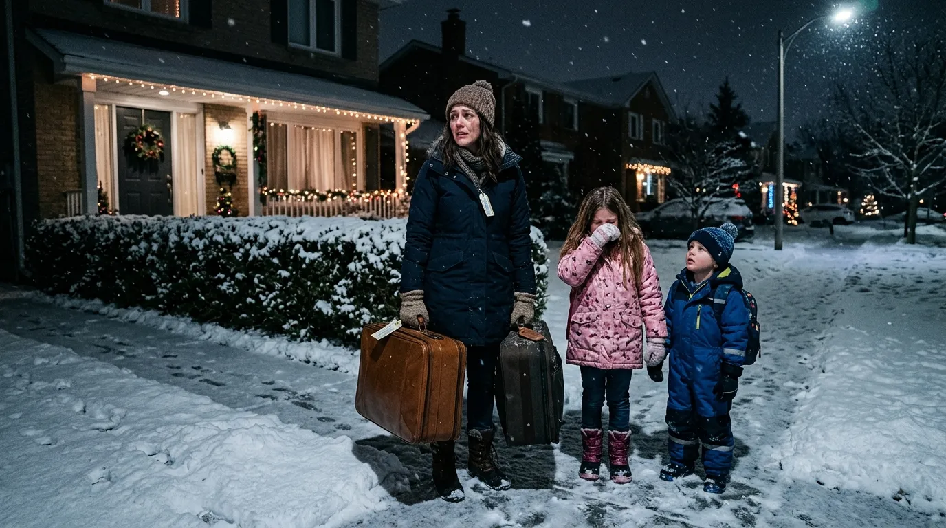 A desperate mother and two children standing in the snow with suitcases on Christmas Eve.