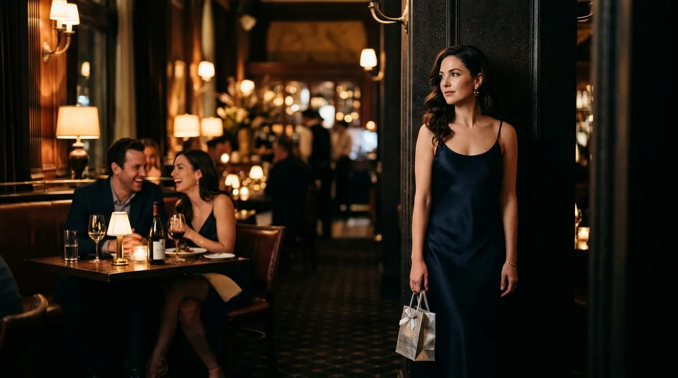 A woman holding a small gift bag standing in a dimly lit restaurant, observing a couple in the background.