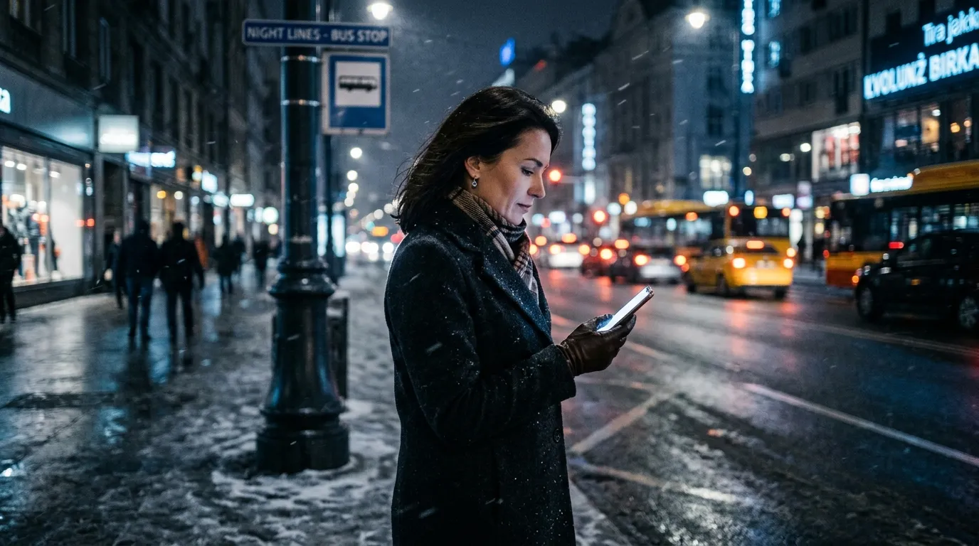 A woman standing on a cold, windy city street at night, looking down at her glowing smartphone.