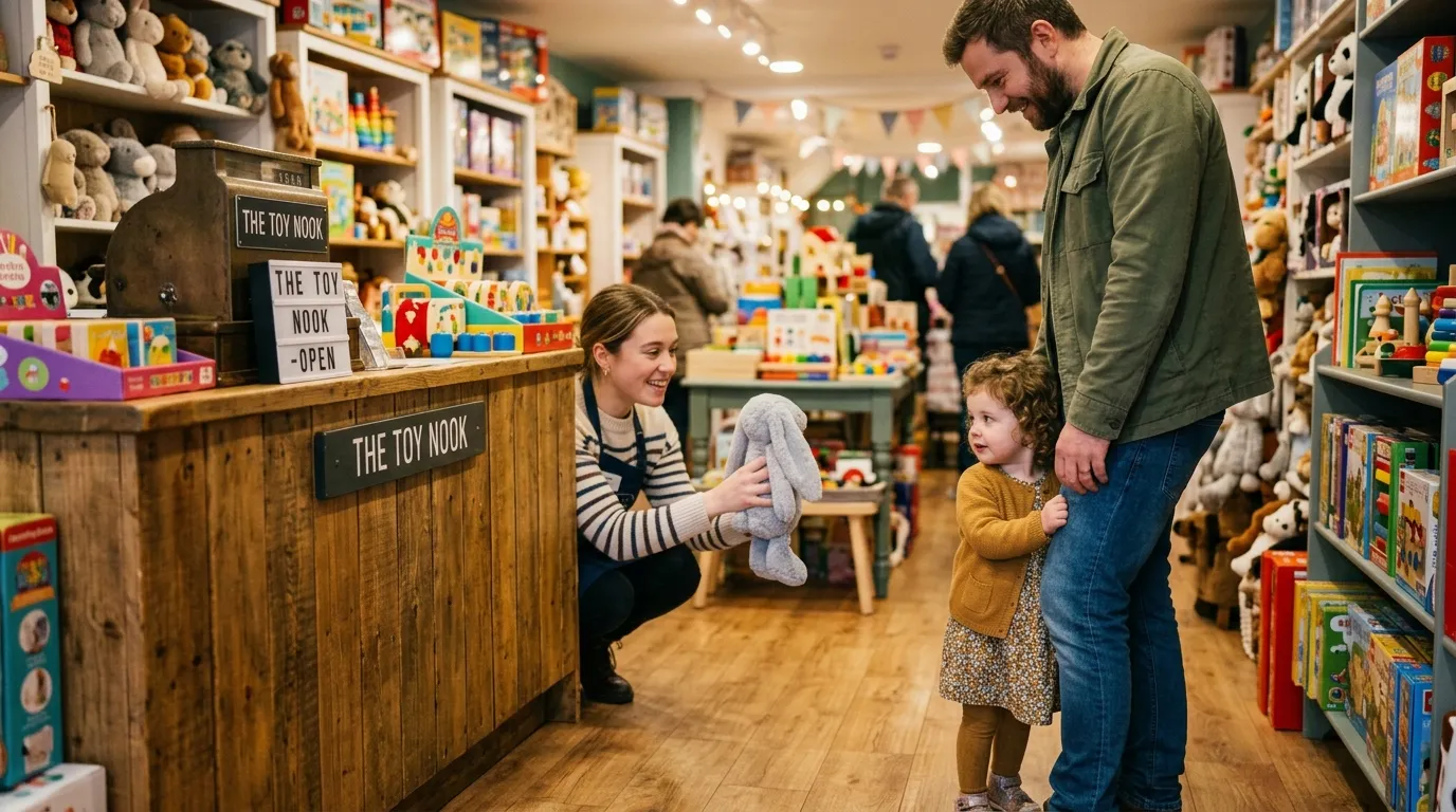Claire crouching behind a toy store counter playing with a stuffed rabbit to make a toddler smile