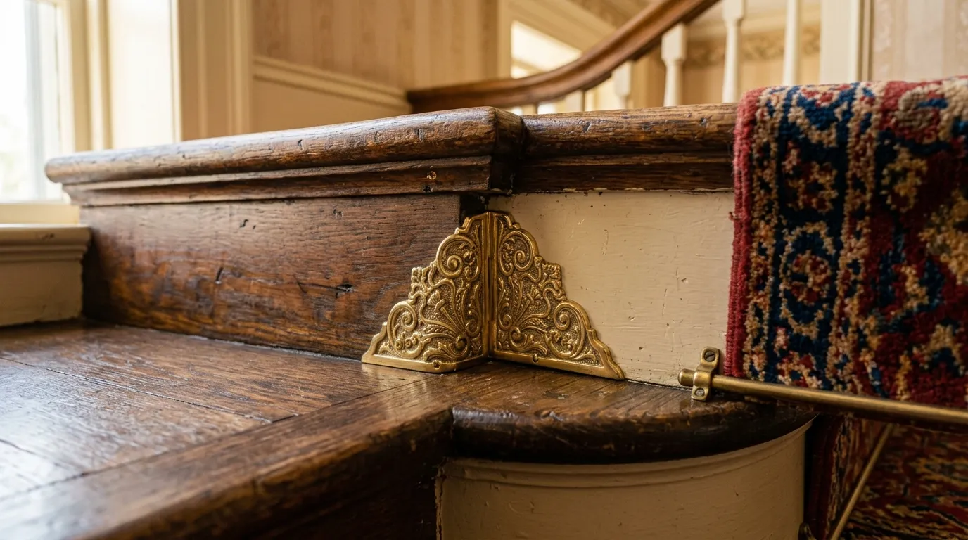 Elegant brass stair rods holding a burgundy carpet runner on a grand staircase