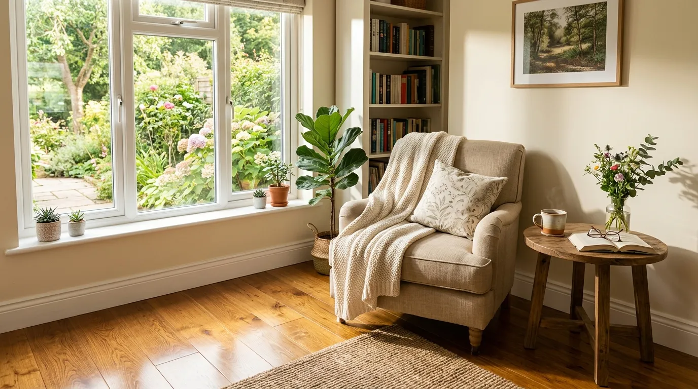 A clean, sunlit corner of a living room with polished wooden floors.