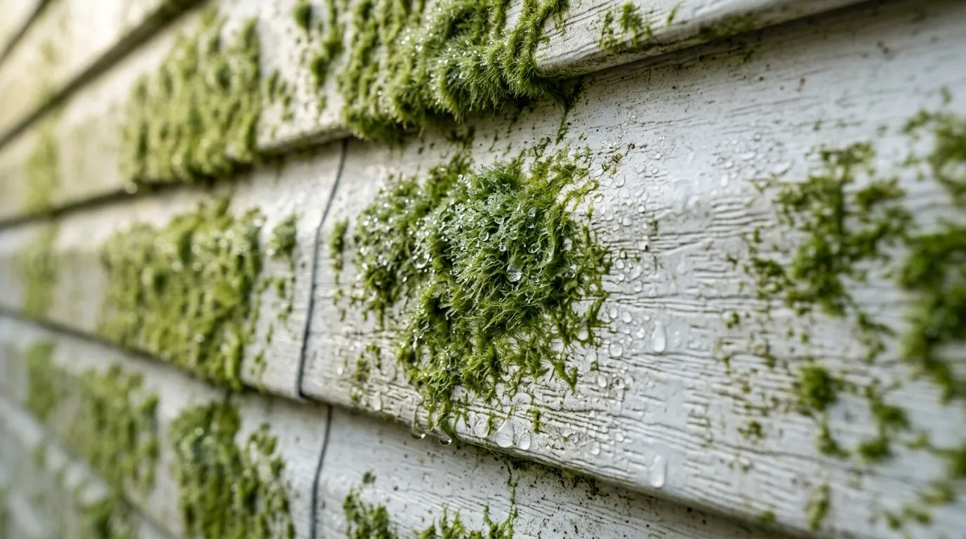 Macro shot of green algae growing on white vinyl siding