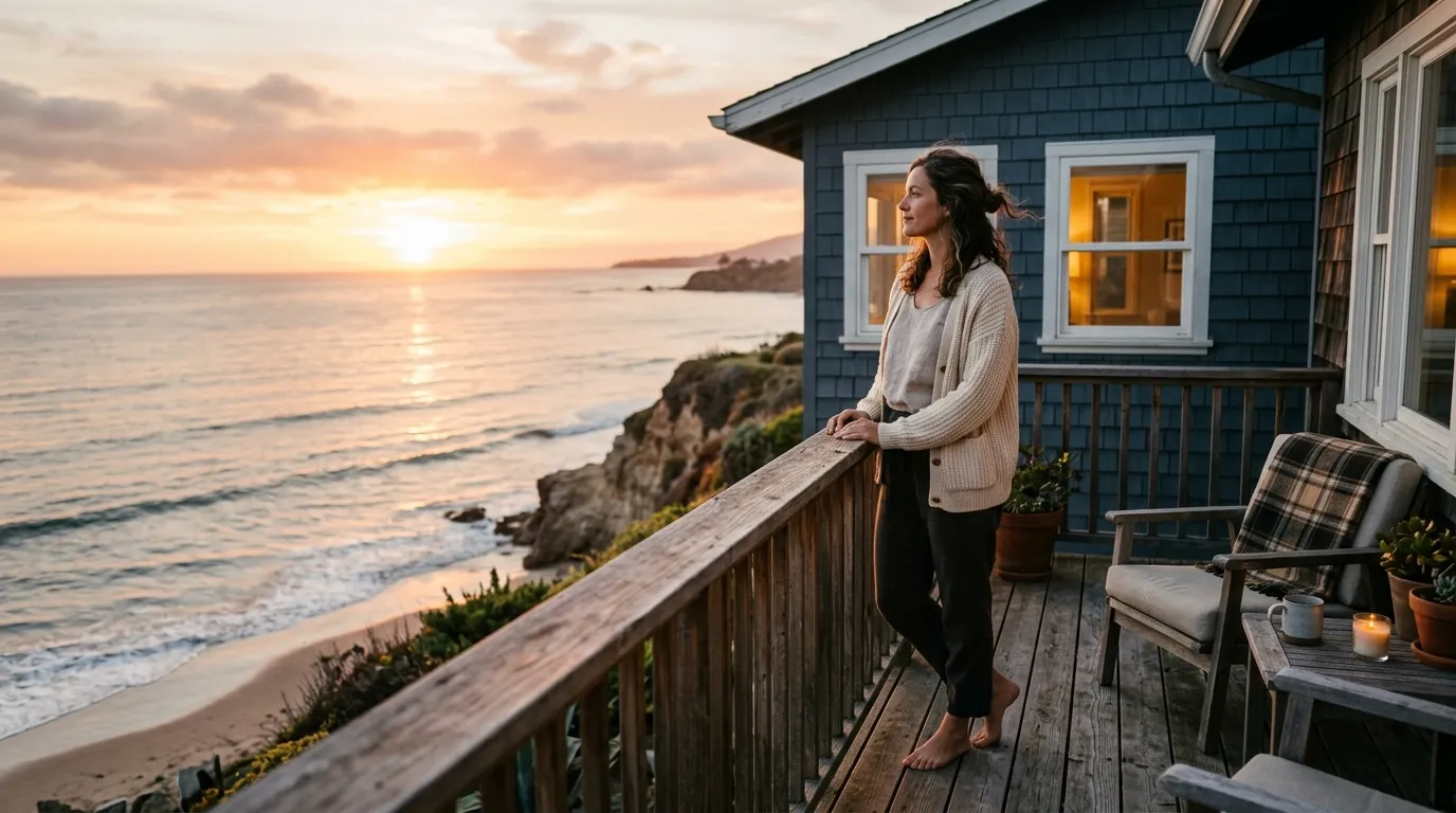 A woman standing barefoot on a wooden balcony, watching a serene sunset over the ocean waves.