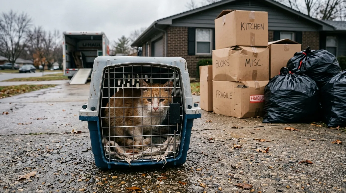 Old orange-and-white cat sitting in a carrier next to moving boxes in a driveway