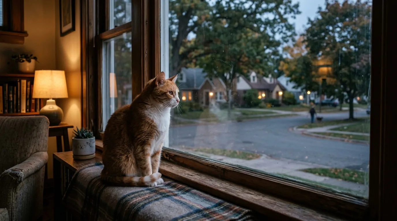 Orange cat sitting calmly on a window ledge looking out at a suburban street