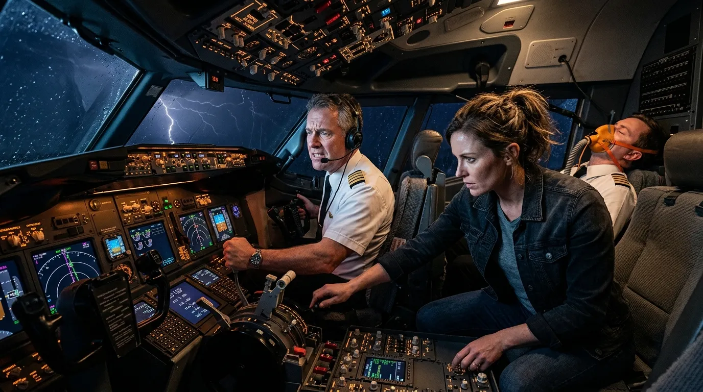 A tense scene inside an airliner cockpit with a captain gripping the controls and a female former fighter pilot analyzing the glowing flight instruments.