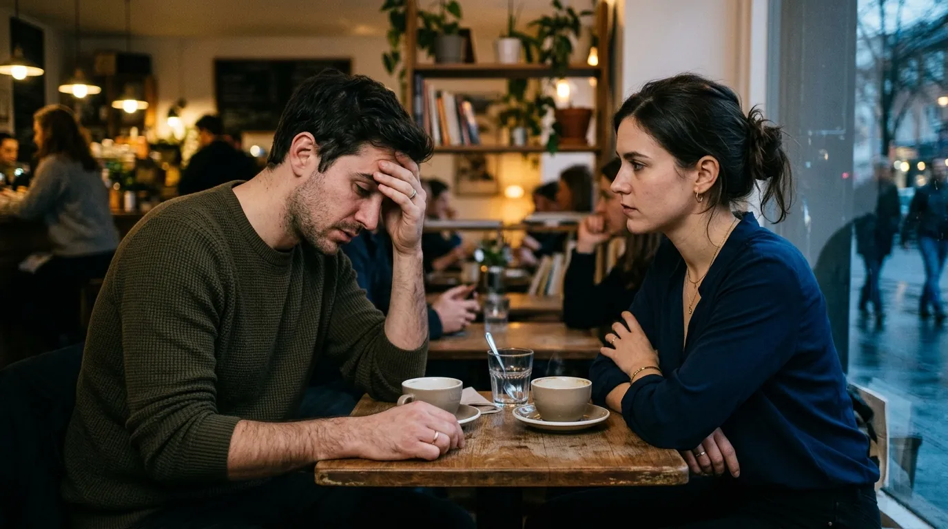 Ryan and Emily having a serious conversation at a coffee shop